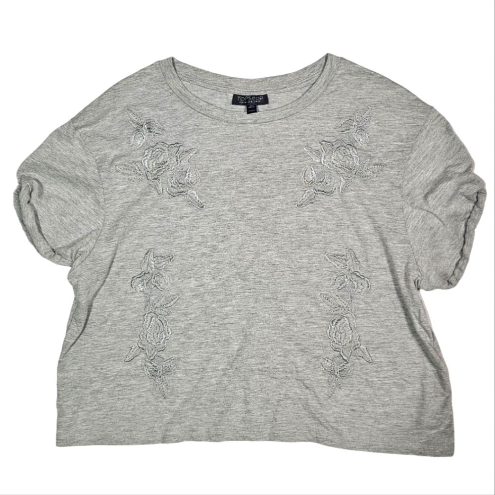 Topshop Embroidered Cotton Short Sleeve Shirt Size 8 Grey